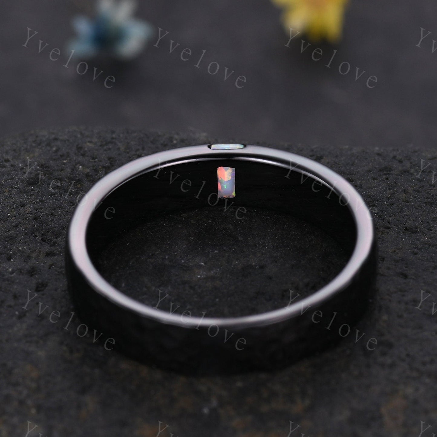 Mens White Fire Opal Wedding Band Baguette Cut Opal Band 5mm Black Silver Ring Mens Hammered Stacking Matching Band Retro Vintage Ring Gift