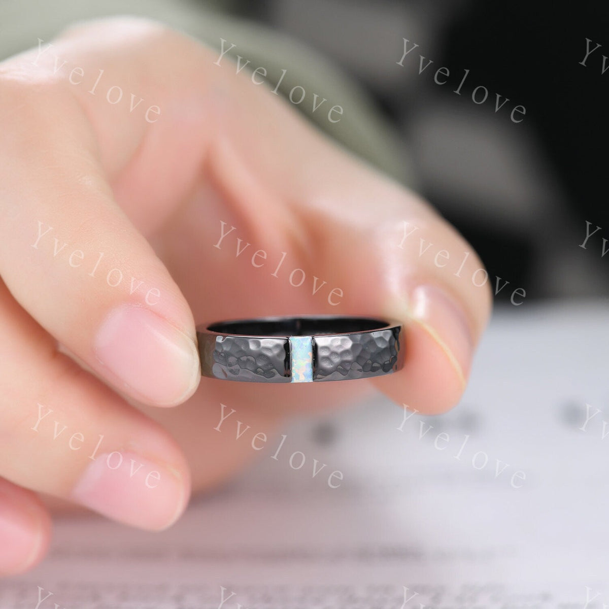 Mens White Fire Opal Wedding Band Baguette Cut Opal Band 5mm Black Silver Ring Mens Hammered Stacking Matching Band Retro Vintage Ring Gift