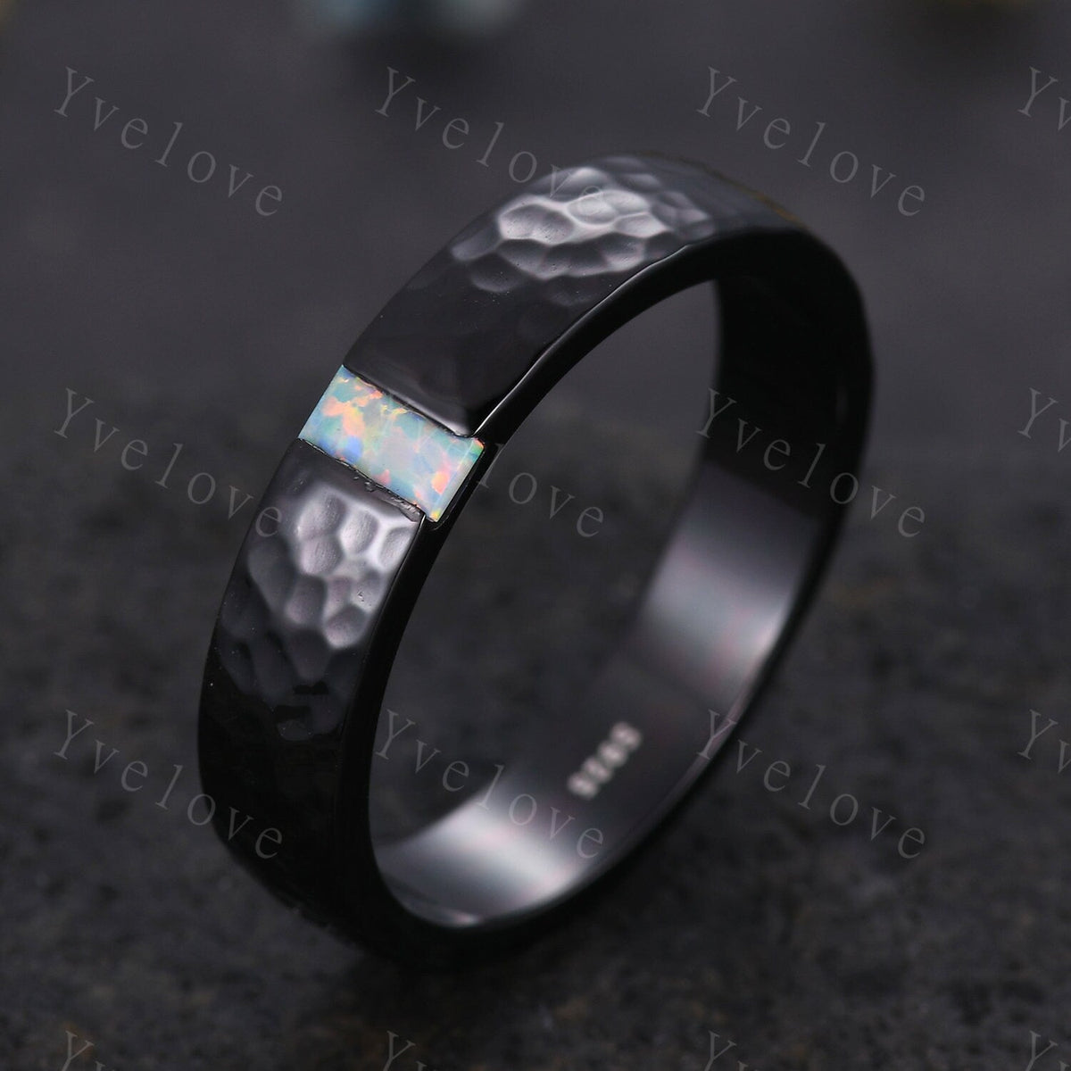 Mens White Fire Opal Wedding Band Baguette Cut Opal Band 5mm Black Silver Ring Mens Hammered Stacking Matching Band Retro Vintage Ring Gift