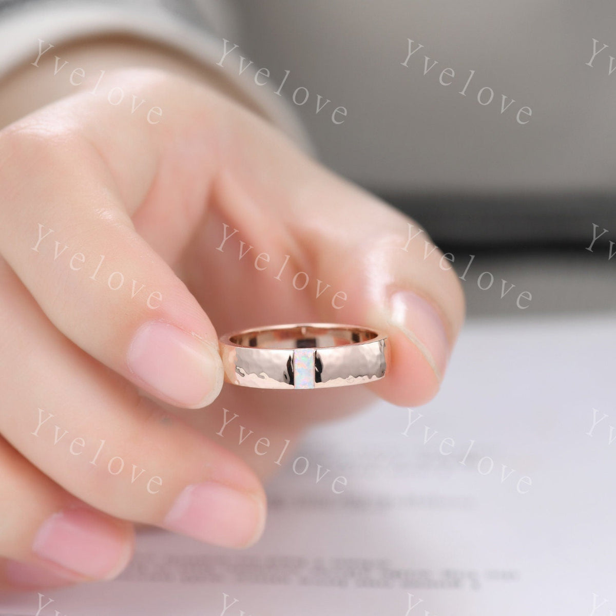 Mens White Fire Opal Wedding Band Baguette Cut Opal Band 5mm Black Silver Ring Mens Hammered Stacking Matching Band Retro Vintage Ring Gift