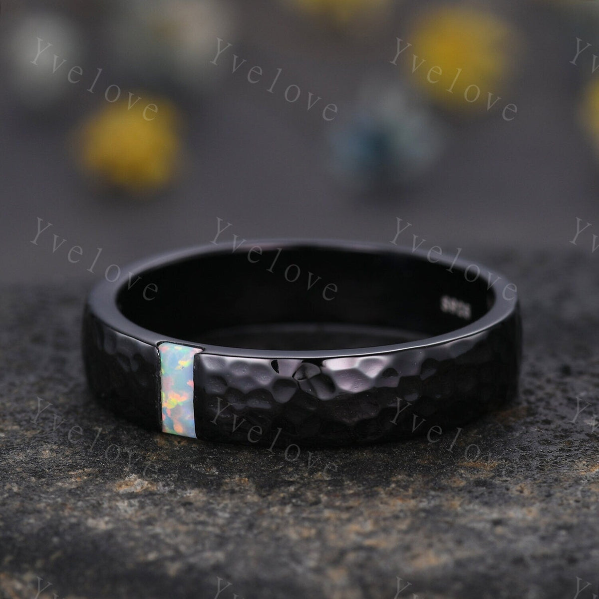 Mens White Fire Opal Wedding Band Baguette Cut Opal Band 5mm Black Silver Ring Mens Hammered Stacking Matching Band Retro Vintage Ring Gift
