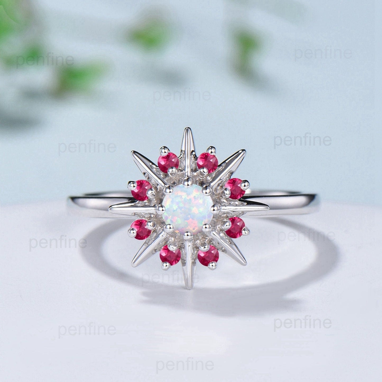 Vintage Galaxy Star Fire Opal Engagement Ring Sunflower White Gold Art Deco Opal Ruby Stacking Promise Ring Handmade Proposal Gifts Women