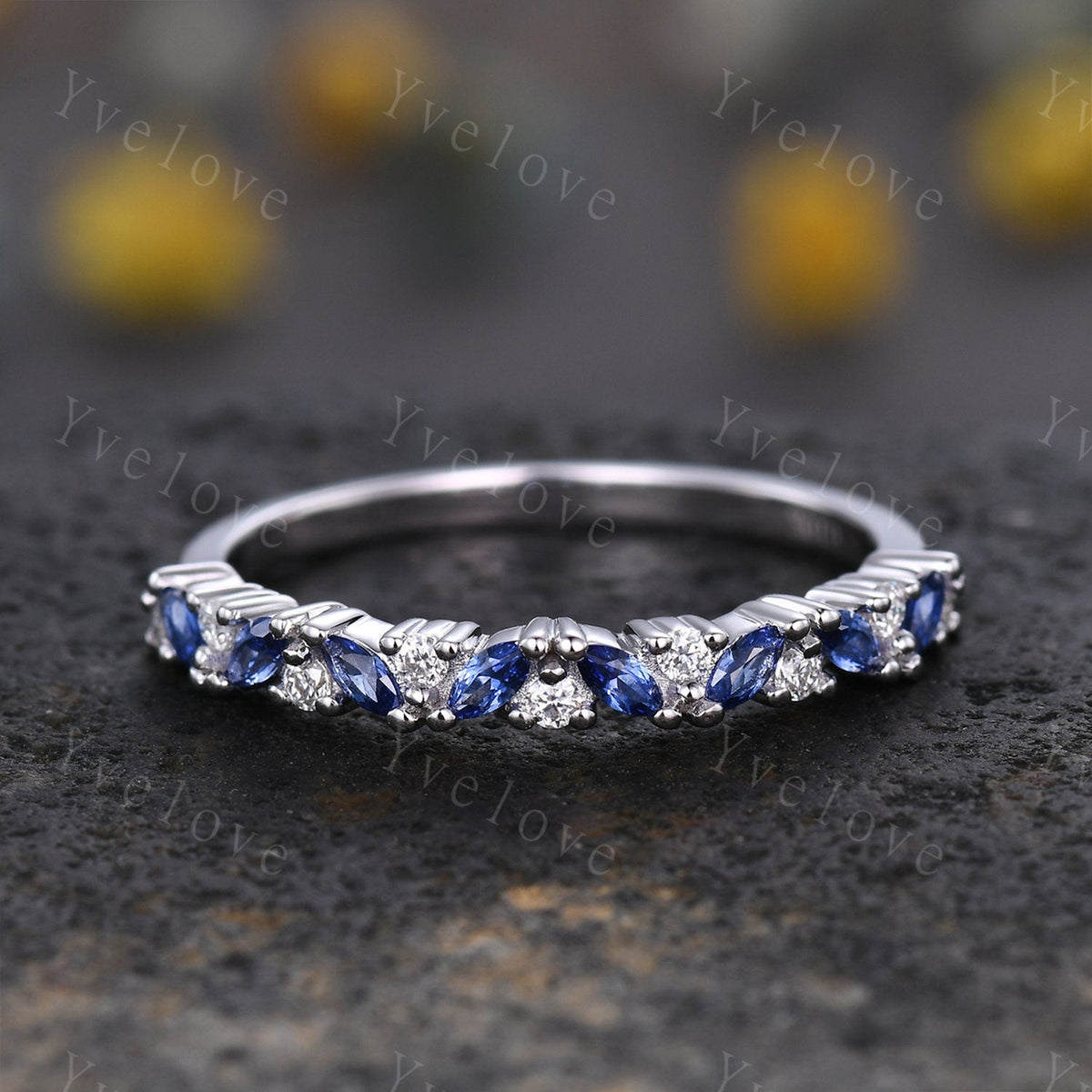 Marquise sapphire wedding band vintage sapphire ring yellow gold moissanite antique unique stacking band anniversary promise matching band