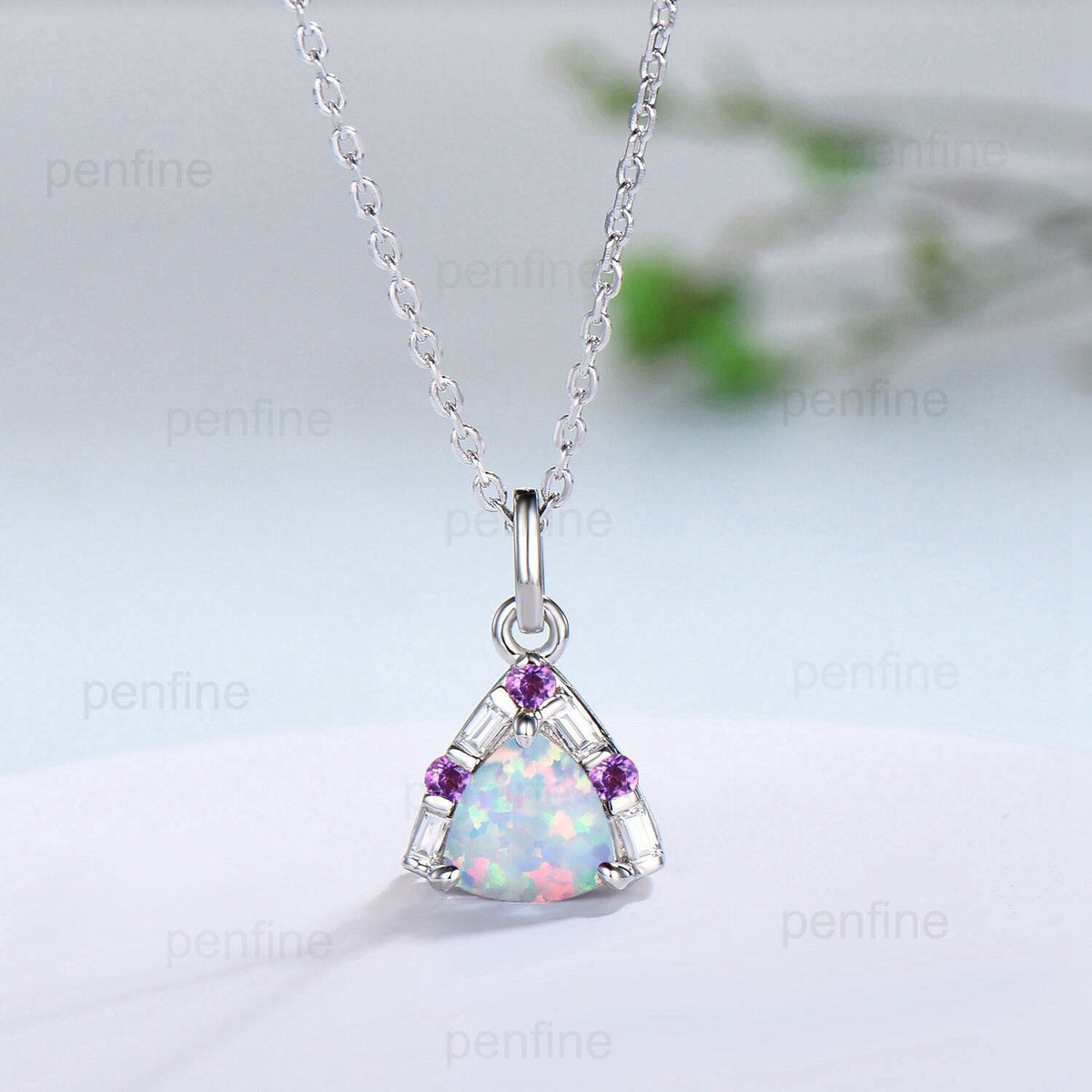 Trilliant Opal Amethyst pendant necklace vintage baguette moissanite pendant silver white  gold fire opal necklace Engagement Gift For Women