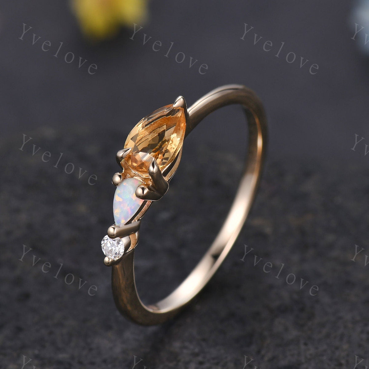 Vintage Yellow Citrine Opal Engagement Ring,Pear Cut Gems,Art Deco Moissanite Wedding Band,3 Stone Unique Women Bridal Promise Ring,Custom