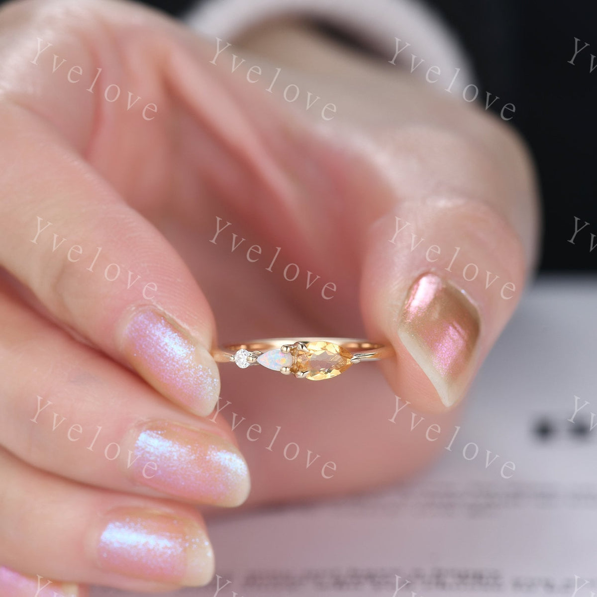 Vintage Yellow Citrine Opal Engagement Ring,Pear Cut Gems,Art Deco Moissanite Wedding Band,3 Stone Unique Women Bridal Promise Ring,Custom