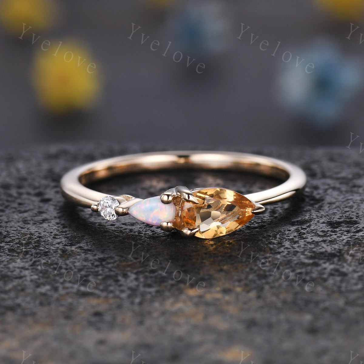 Vintage Yellow Citrine Opal Engagement Ring,Pear Cut Gems,Art Deco Moissanite Wedding Band,3 Stone Unique Women Bridal Promise Ring,Custom