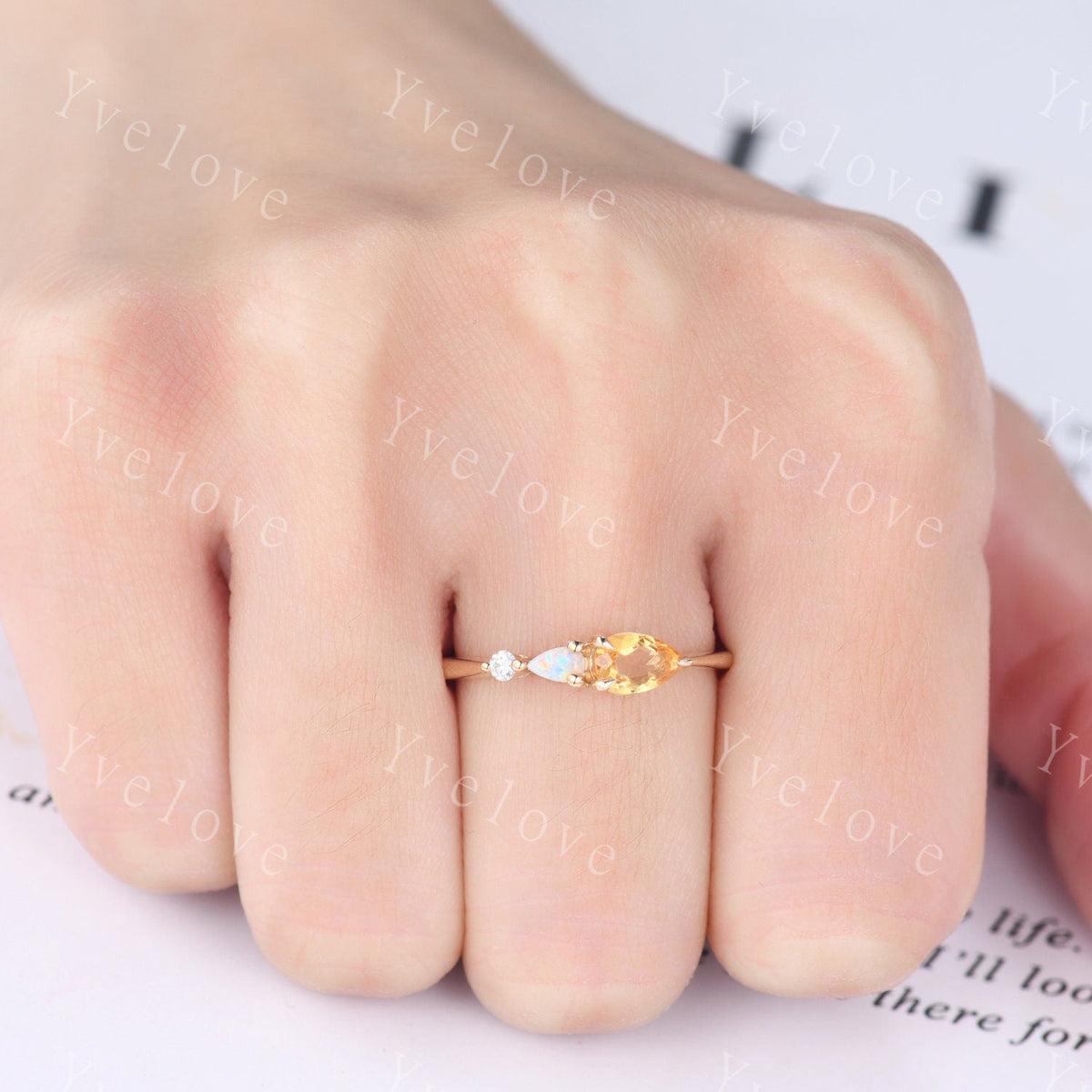 Vintage Yellow Citrine Opal Engagement Ring,Pear Cut Gems,Art Deco Moissanite Wedding Band,3 Stone Unique Women Bridal Promise Ring,Custom