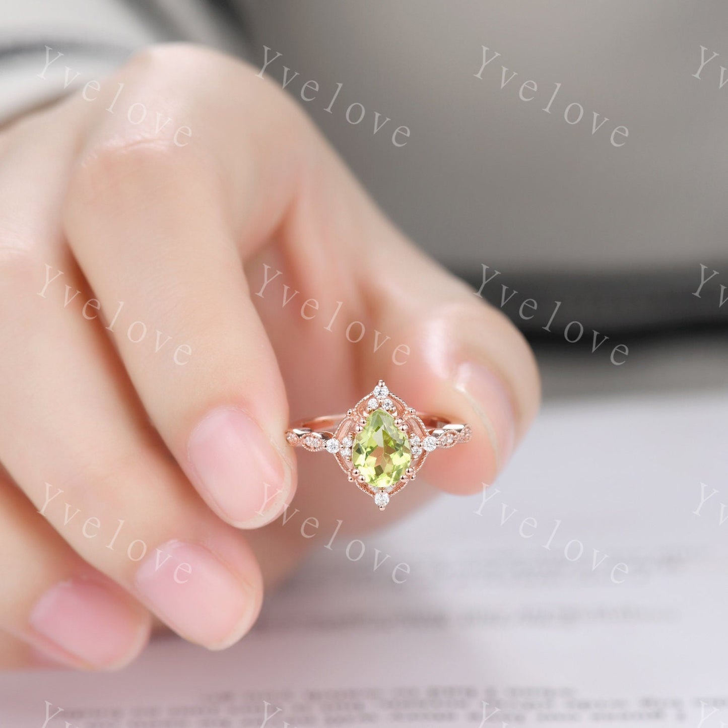 Vintage Green Peridot Engagement Ring,Teardrop Peridot Ring,14K Solid Gold Ring,Unique Women Moissanite Promise Ring For Her,Handmade Gift