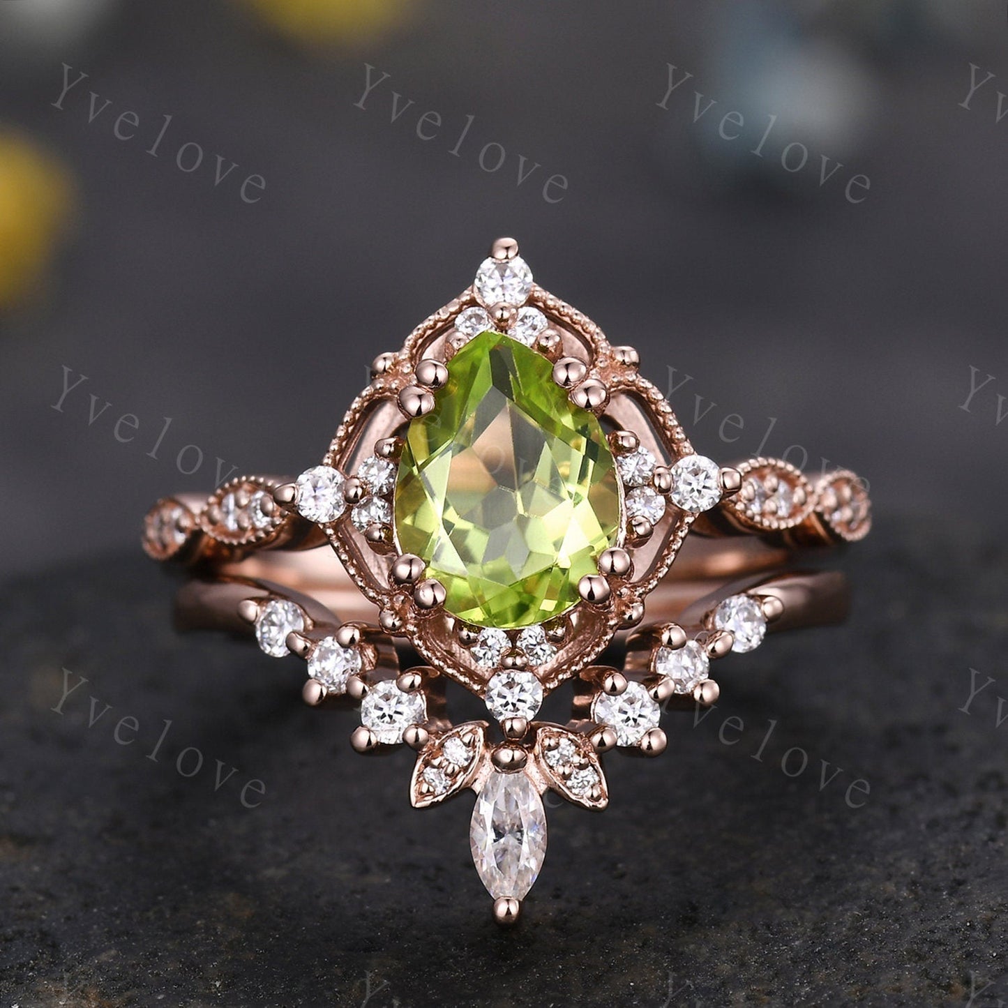 Vintage Green Peridot Engagement Ring,Teardrop Peridot Ring,14K Solid Gold Ring,Unique Women Moissanite Promise Ring For Her,Handmade Gift