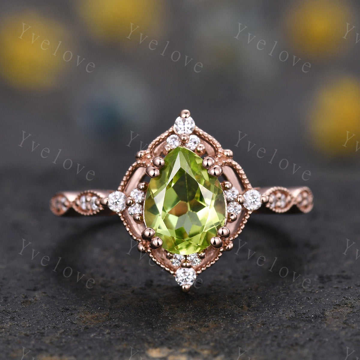 Vintage Green Peridot Engagement Ring,Teardrop Peridot Ring,14K Solid Gold Ring,Unique Women Moissanite Promise Ring For Her,Handmade Gift
