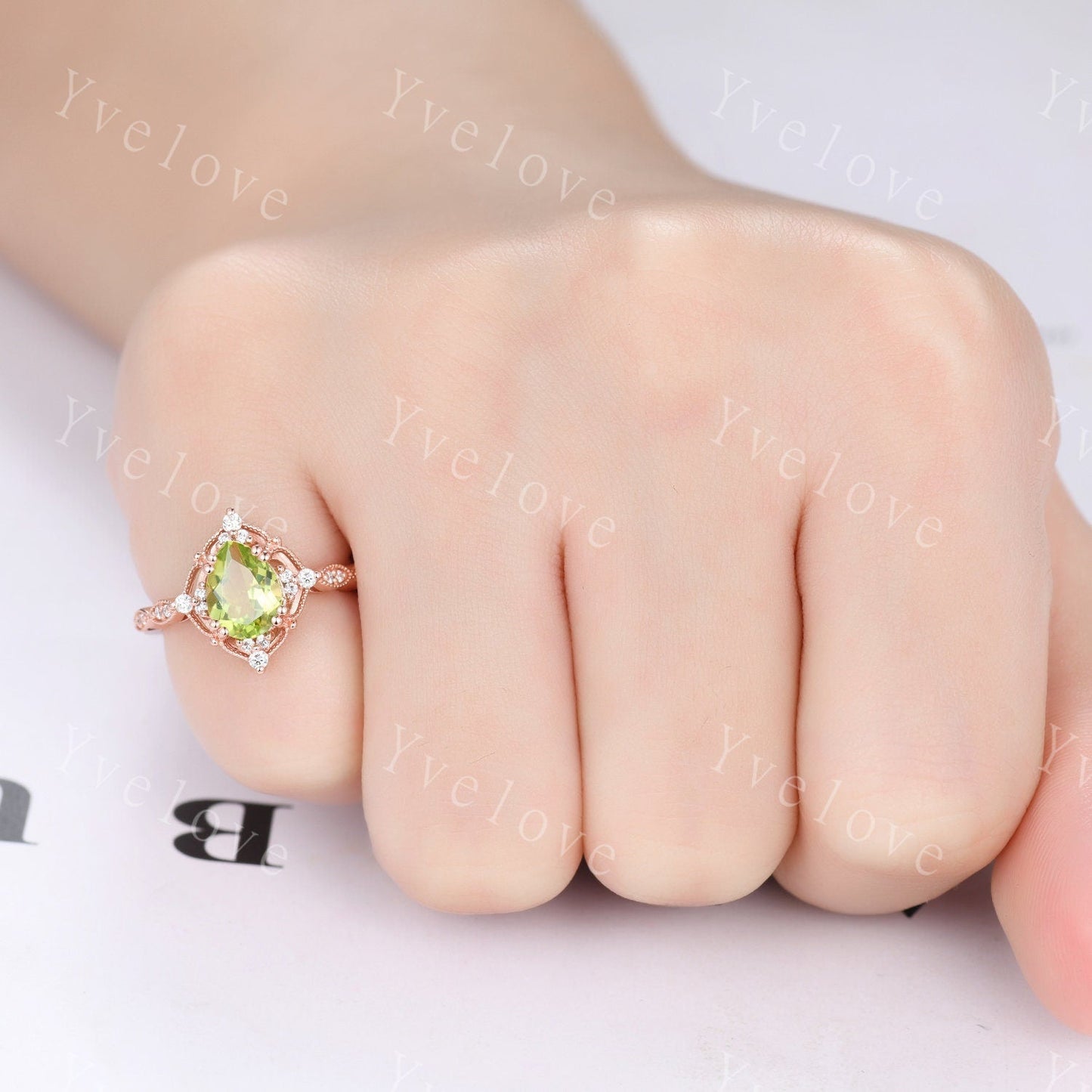 Vintage Green Peridot Engagement Ring,Teardrop Peridot Ring,14K Solid Gold Ring,Unique Women Moissanite Promise Ring For Her,Handmade Gift