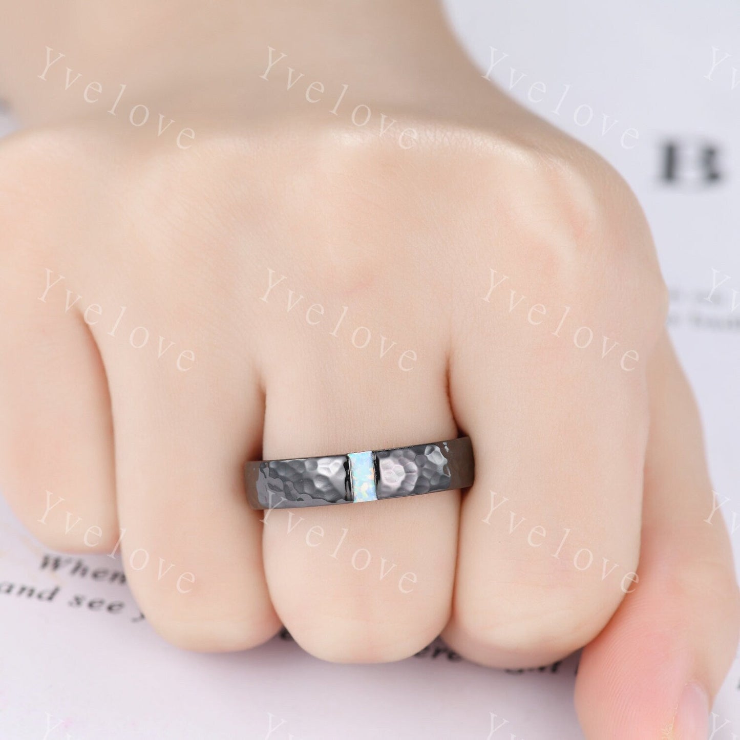 Mens White Fire Opal Wedding Band Baguette Cut Opal Band 5mm Black Silver Ring Mens Hammered Stacking Matching Band Retro Vintage Ring Gift
