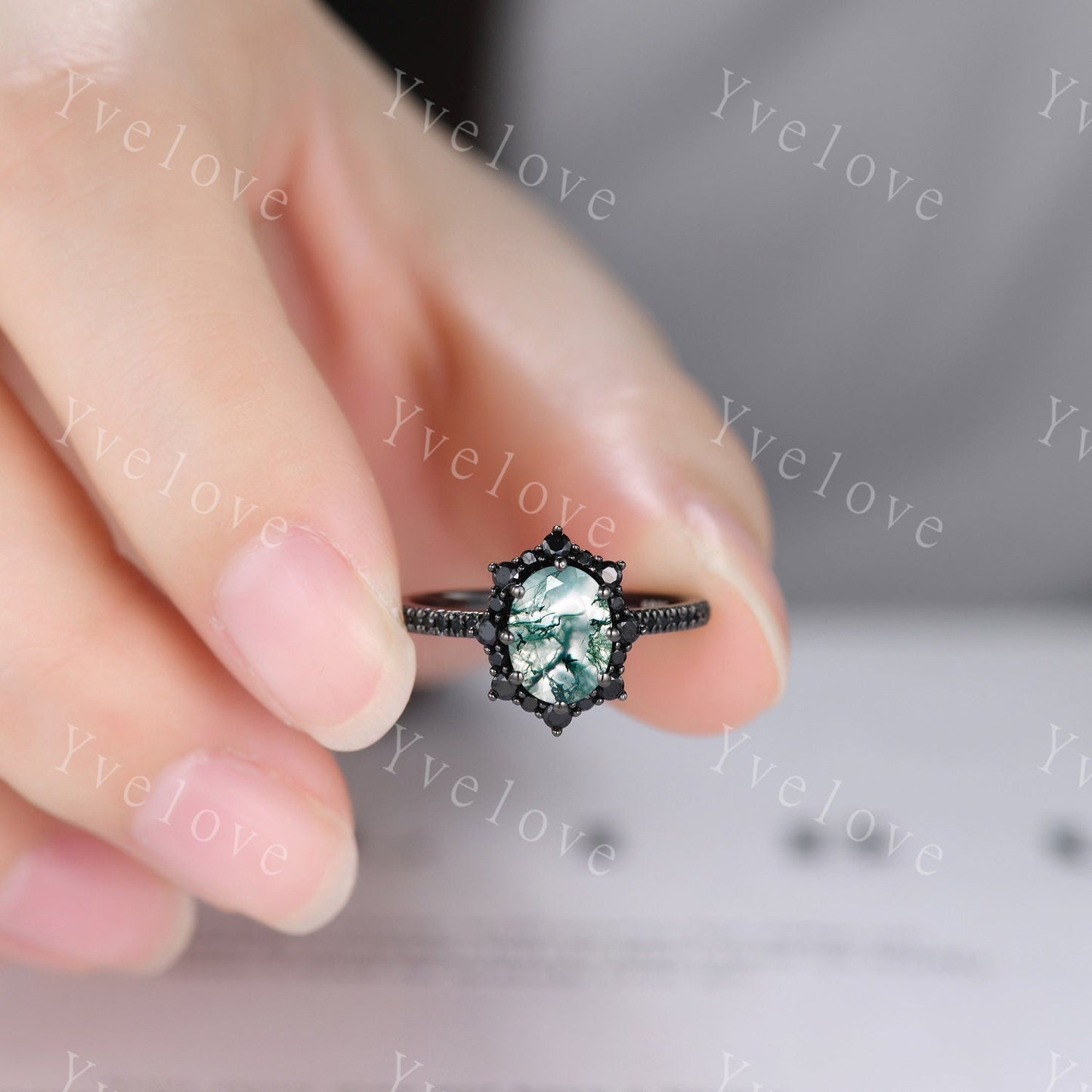 Gothic Oval Shape Moss Agate Engagement Ring Set,Black Gold Black Diamond Promise Ring Set Unique Rhodium Black Witchy Ring Bridal Set Gift