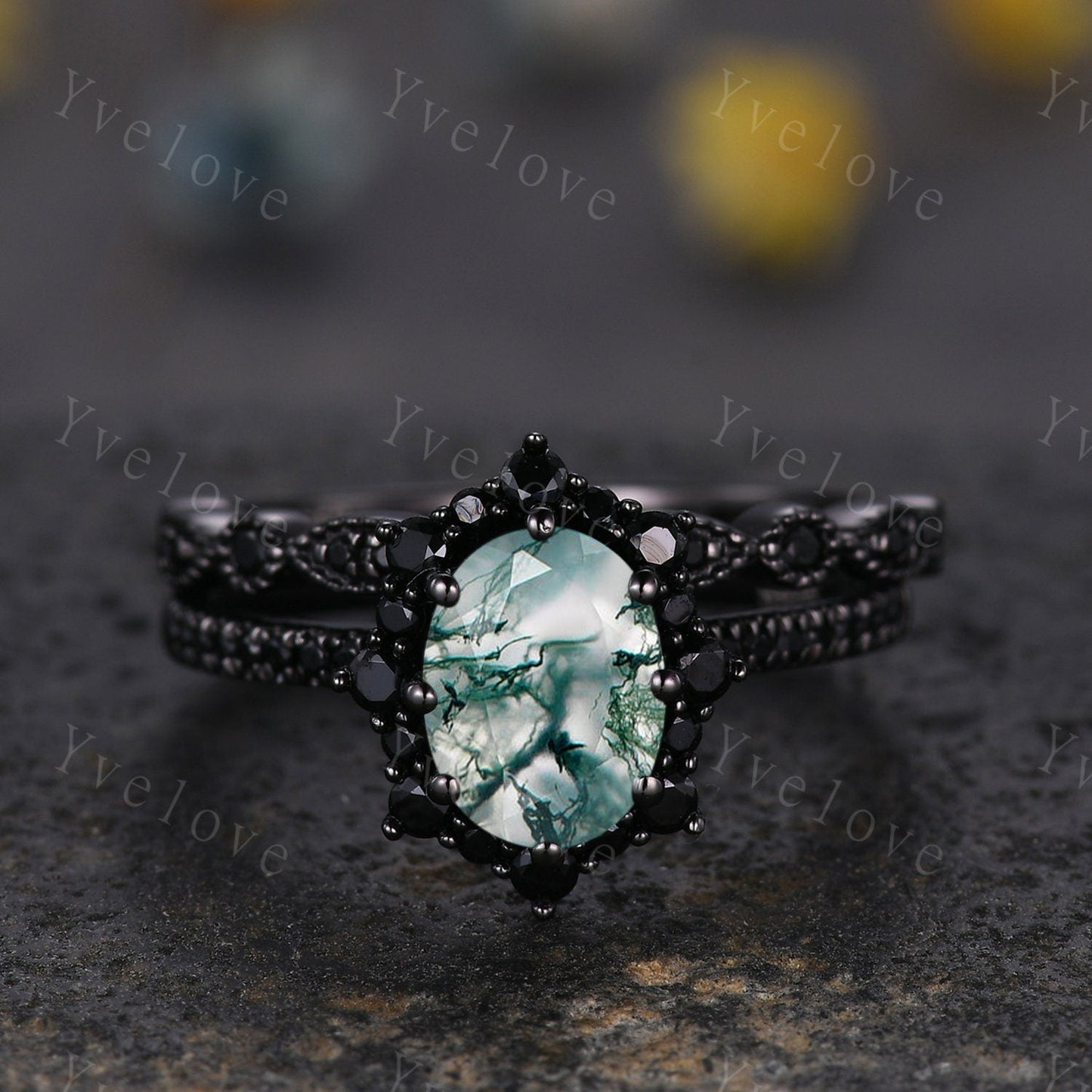 Gothic Oval Shape Moss Agate Engagement Ring Set,Black Gold Black Diamond Promise Ring Set Unique Rhodium Black Witchy Ring Bridal Set Gift