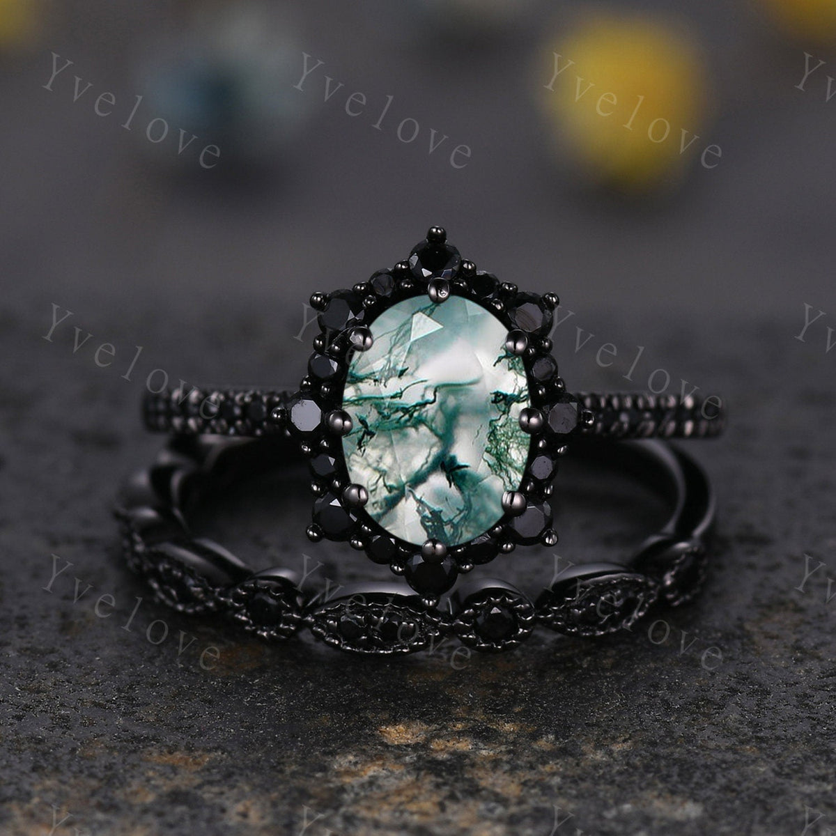 Gothic Oval Shape Moss Agate Engagement Ring Set,Black Gold Black Diamond Promise Ring Set Unique Rhodium Black Witchy Ring Bridal Set Gift