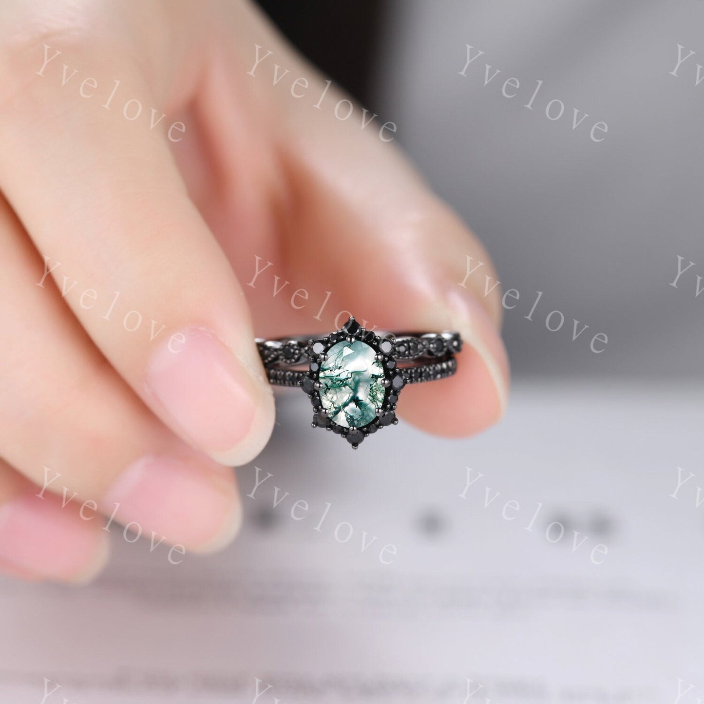 Gothic Oval Shape Moss Agate Engagement Ring Set,Black Gold Black Diamond Promise Ring Set Unique Rhodium Black Witchy Ring Bridal Set Gift