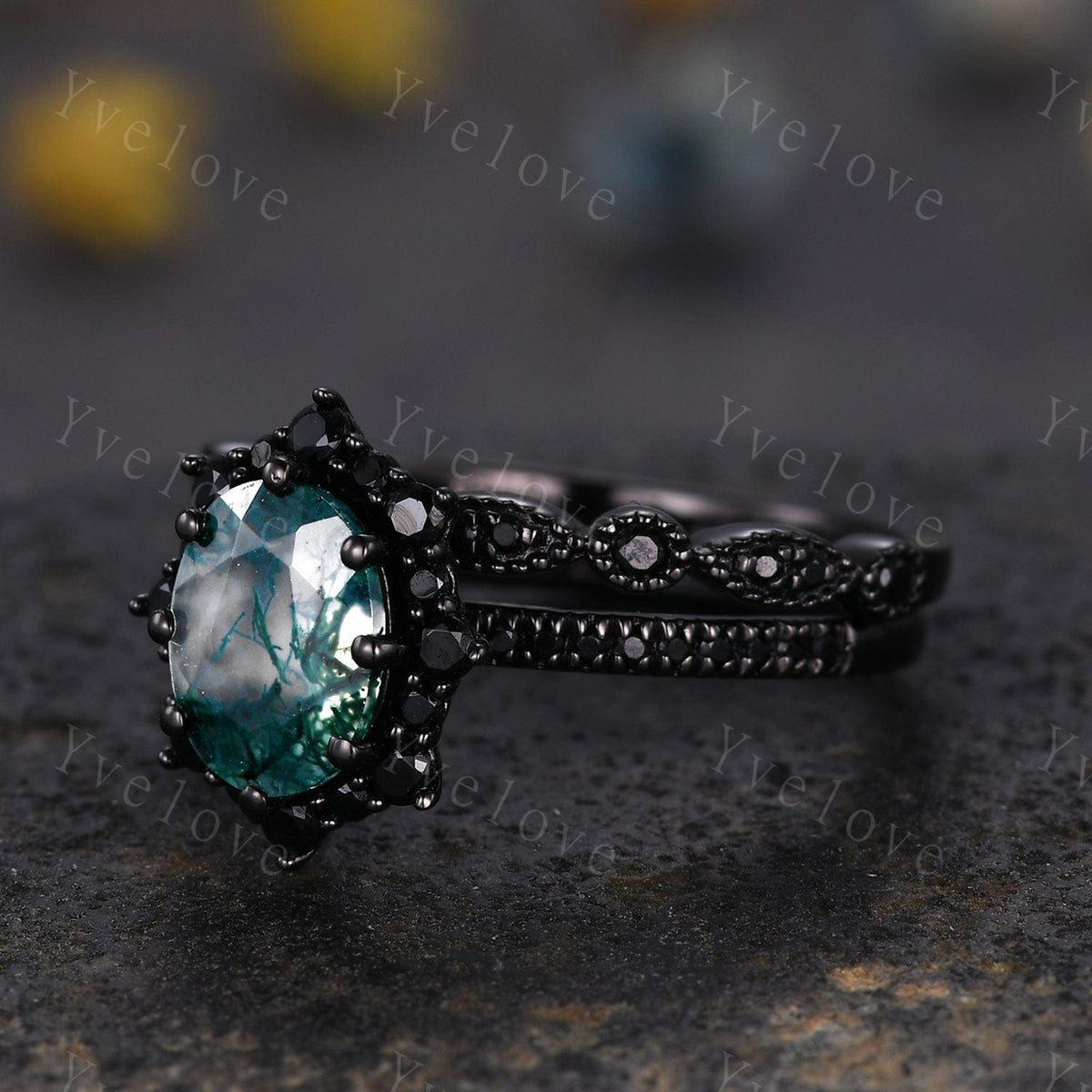 Gothic Oval Shape Moss Agate Engagement Ring Set,Black Gold Black Diamond Promise Ring Set Unique Rhodium Black Witchy Ring Bridal Set Gift