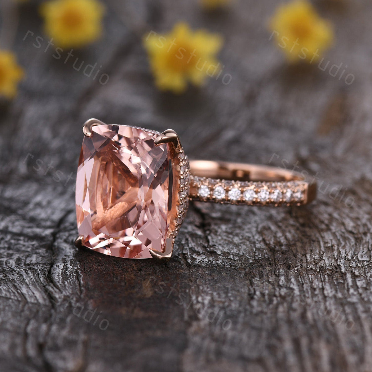 Natural Morganite Engagement Ring: 14K Rose Gold Hidden Halo Diamond Ring