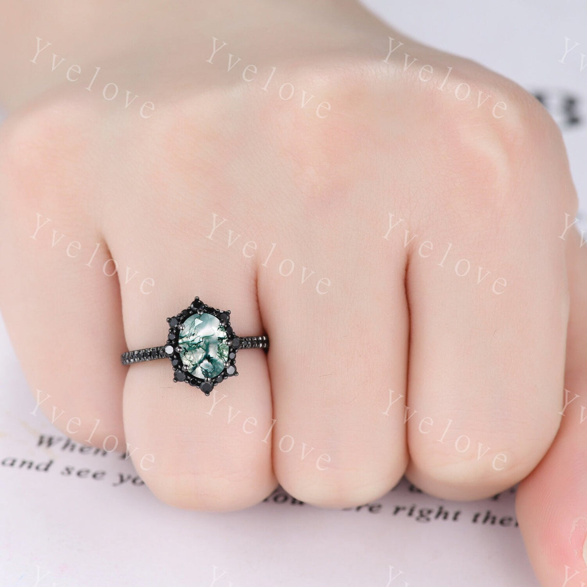 Gothic Oval Shape Moss Agate Engagement Ring Set,Black Gold Black Diamond Promise Ring Set Unique Rhodium Black Witchy Ring Bridal Set Gift