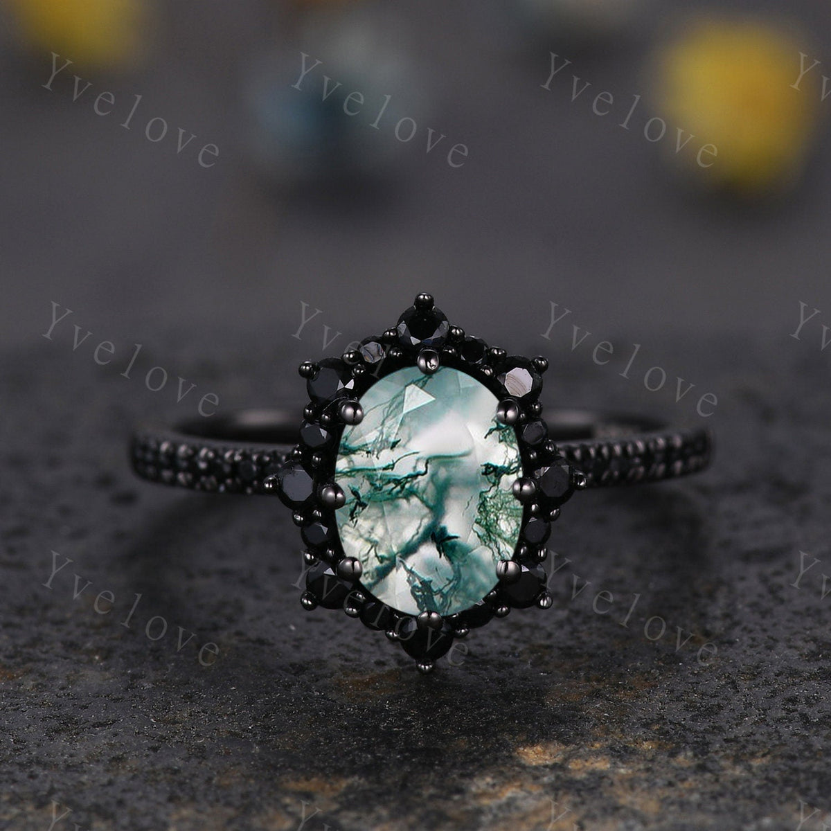 Gothic Oval Shape Moss Agate Engagement Ring Set,Black Gold Black Diamond Promise Ring Set Unique Rhodium Black Witchy Ring Bridal Set Gift