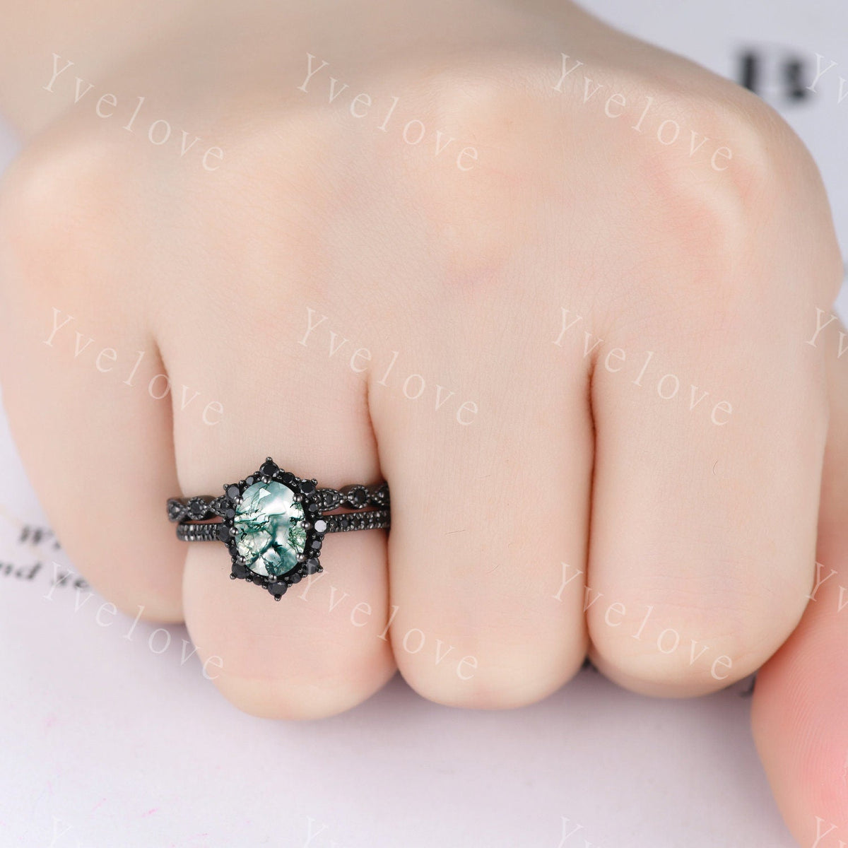 Gothic Oval Shape Moss Agate Engagement Ring Set,Black Gold Black Diamond Promise Ring Set Unique Rhodium Black Witchy Ring Bridal Set Gift