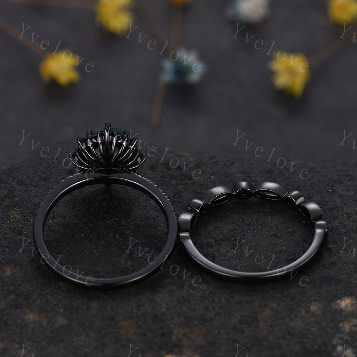 Gothic Oval Shape Moss Agate Engagement Ring Set,Black Gold Black Diamond Promise Ring Set Unique Rhodium Black Witchy Ring Bridal Set Gift