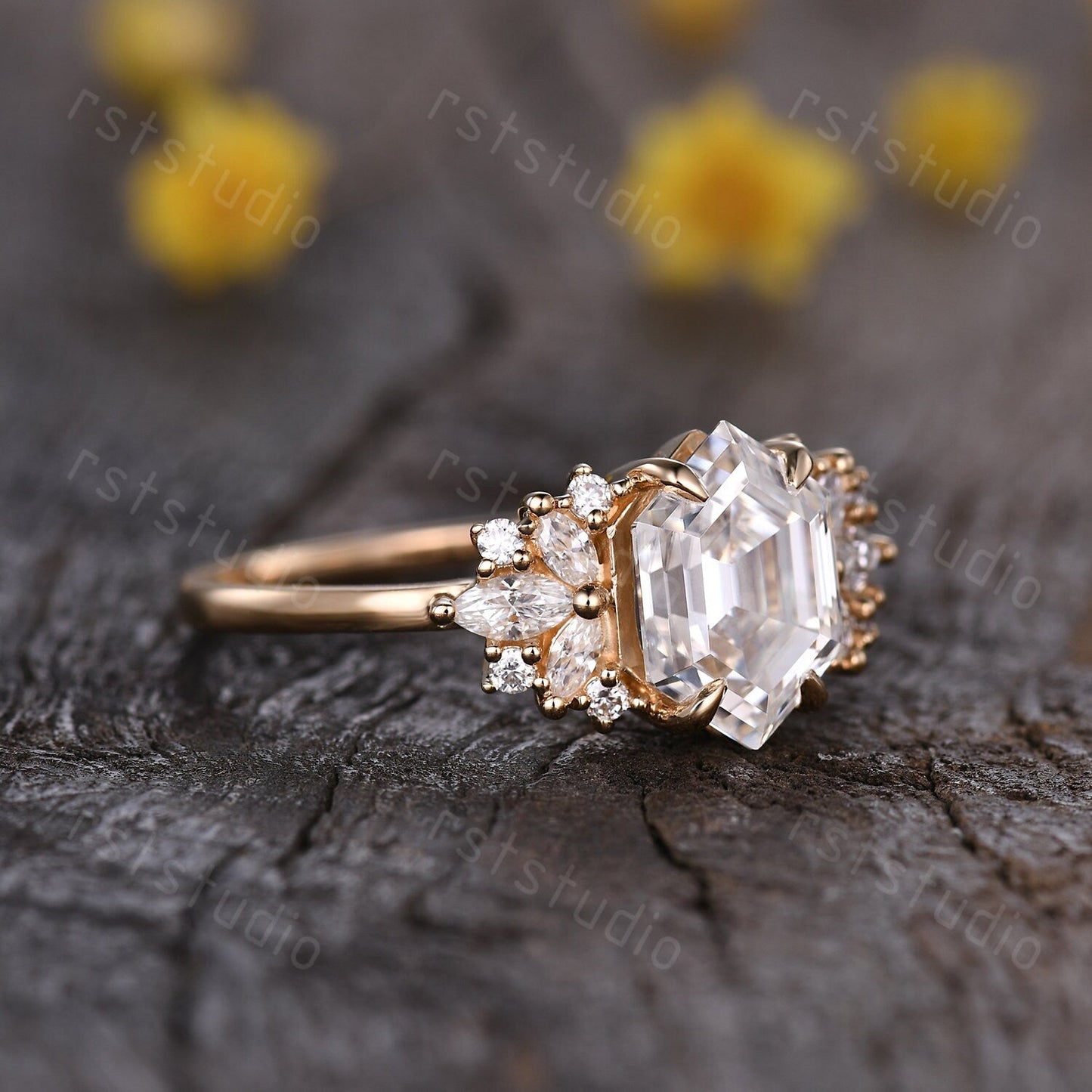 Vintage Hexagon Moissanite Cluster Ring: Gold Bridal Wedding Ring