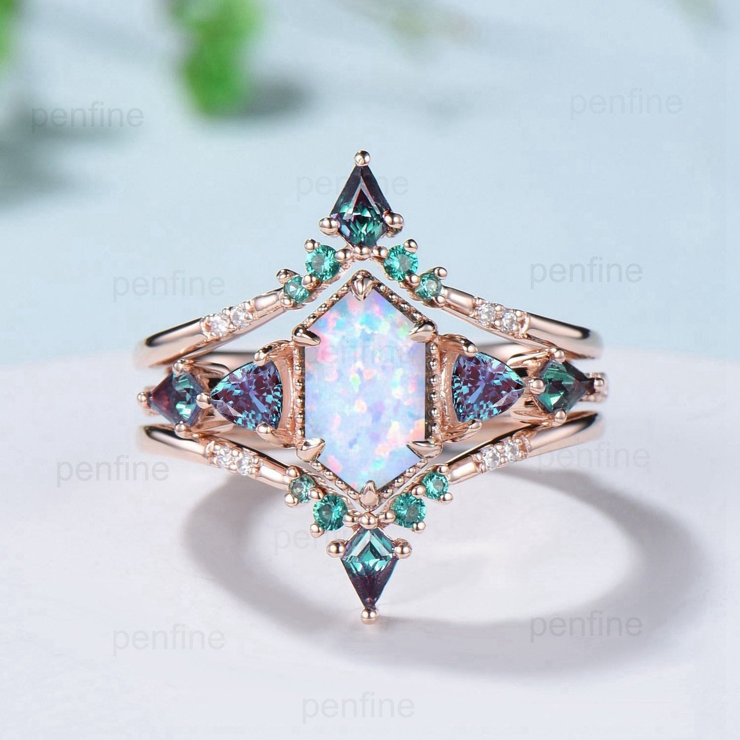 Vintage Rose Gold Alexandrite & Opal Ring Set, Handmade