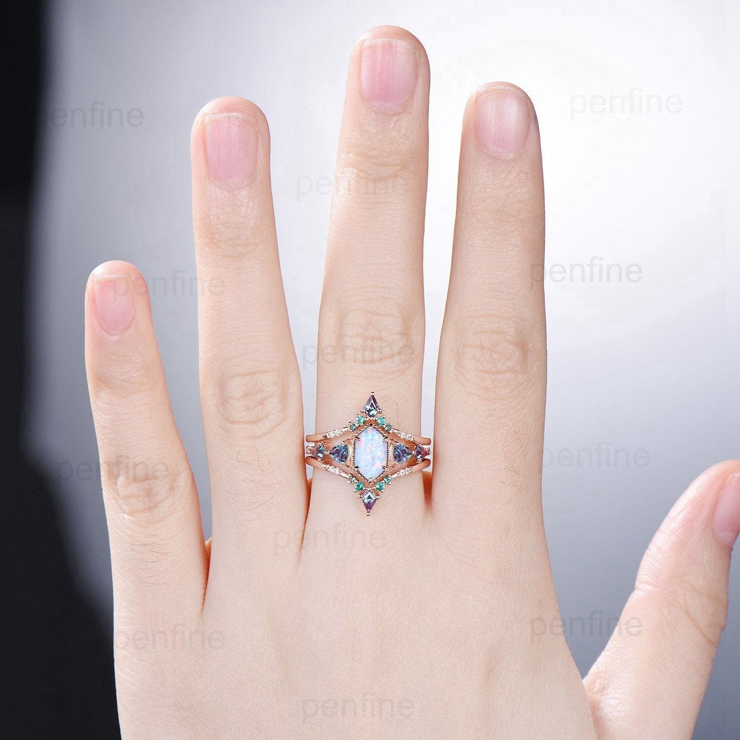 Vintage Rose Gold Alexandrite & Opal Ring Set, Handmade