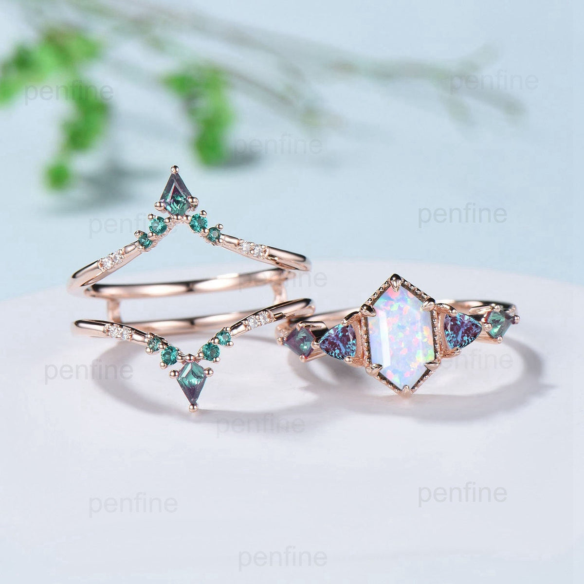 Vintage Rose Gold Alexandrite & Opal Ring Set, Handmade