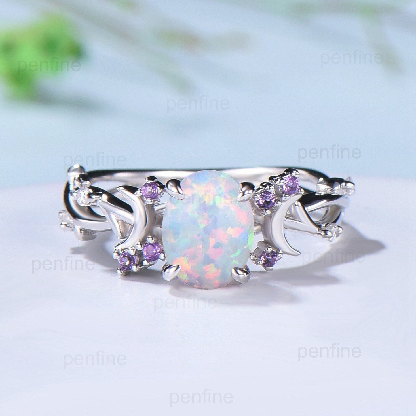 Unique 1.5CT Oval Cut Opal Ring Vintage White Opal Moon Engagement Ring Twig  Branch Cluster Amethyst Wedding Ring PromiseGift For Women