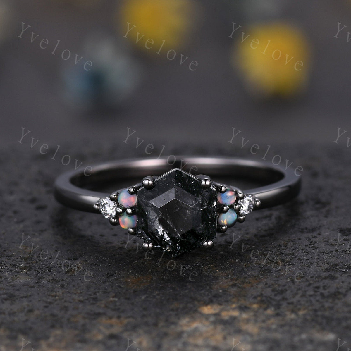 3 Set Unique Hexagon Black Rutilate Quartz Engagement Ring,White Opal Black Diamond Ring,Black Wedding Band,Vintage Gift Bridal Promise Ring