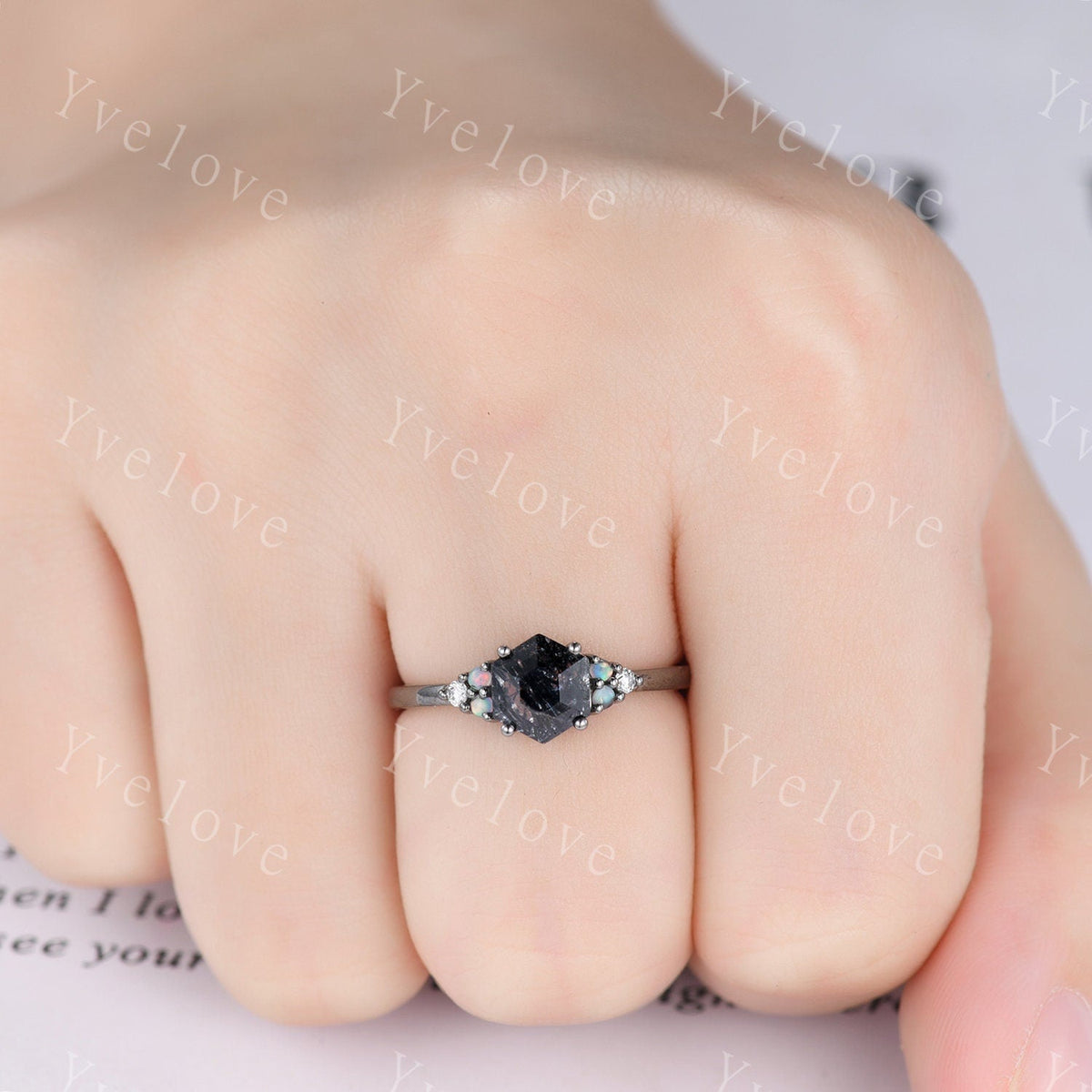 3 Set Unique Hexagon Black Rutilate Quartz Engagement Ring,White Opal Black Diamond Ring,Black Wedding Band,Vintage Gift Bridal Promise Ring