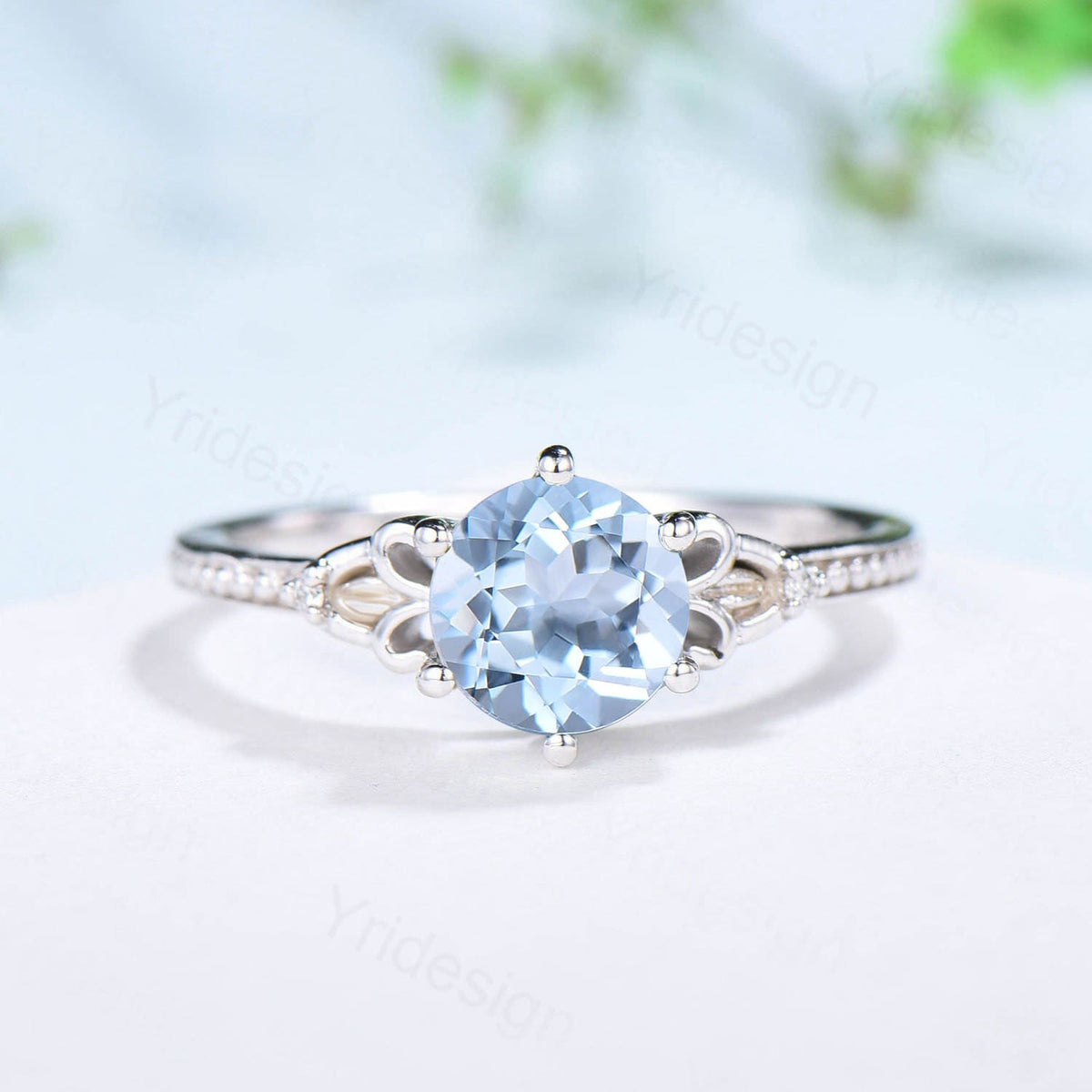 Art Deco Aquamarine Wedding Ring Set, 1 Carat White Gold Bridal Ring