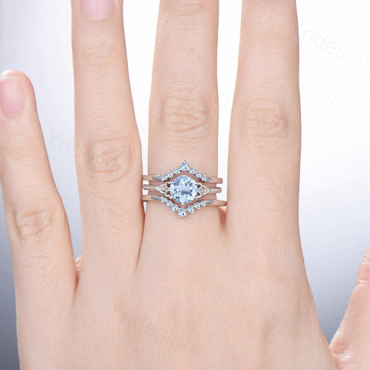 Art Deco Aquamarine Wedding Ring Set, 1 Carat White Gold Bridal Ring