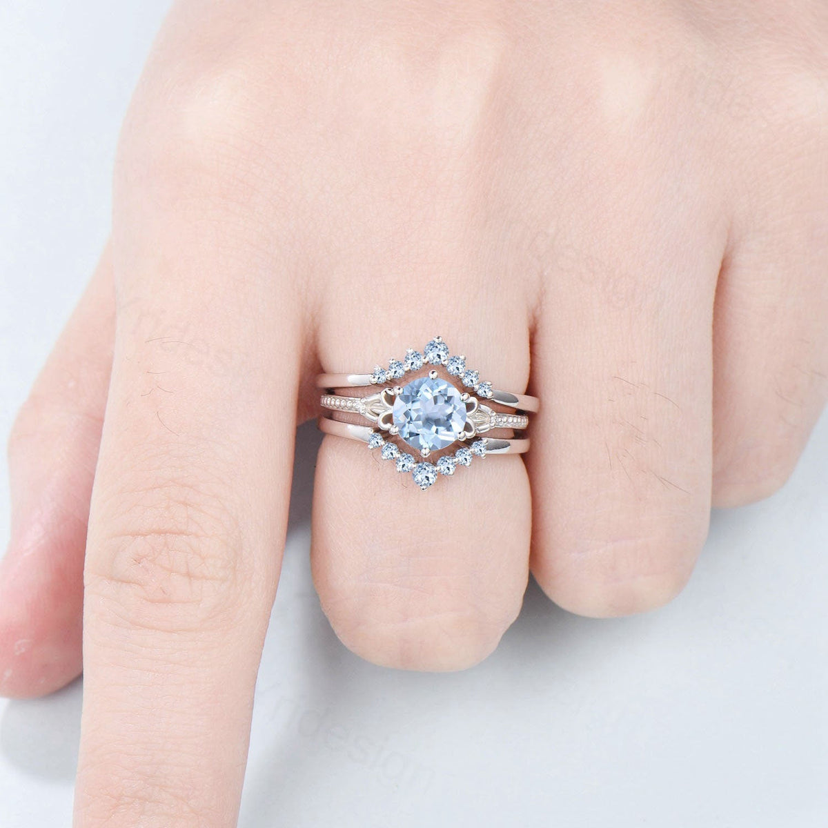 Art Deco Aquamarine Wedding Ring Set, 1 Carat White Gold Bridal Ring