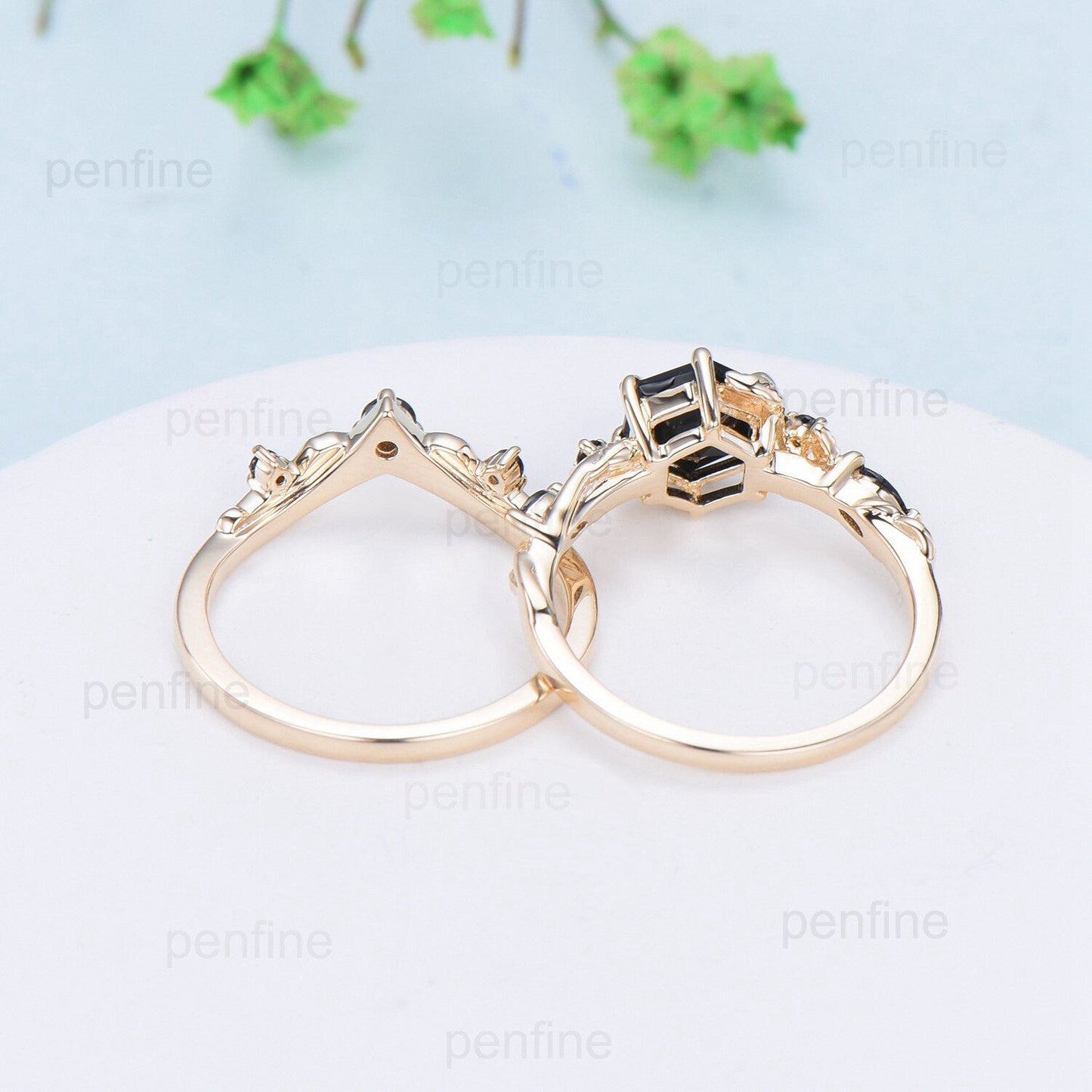 Unique yellow gold black onyx engagement ring set Nature Inspired black stone wedding ring set vintage Retro spinel Leaf Vine bridal set