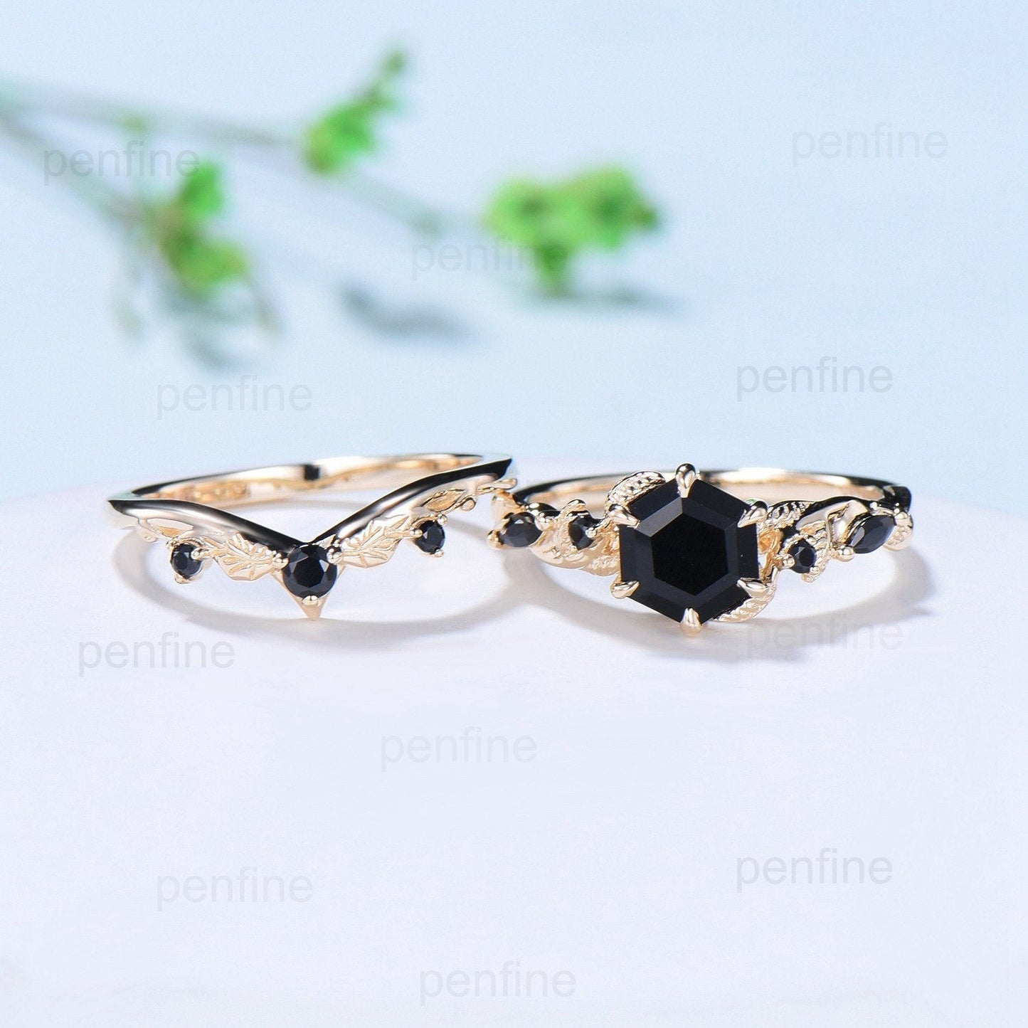 Unique yellow gold black onyx engagement ring set Nature Inspired black stone wedding ring set vintage Retro spinel Leaf Vine bridal set