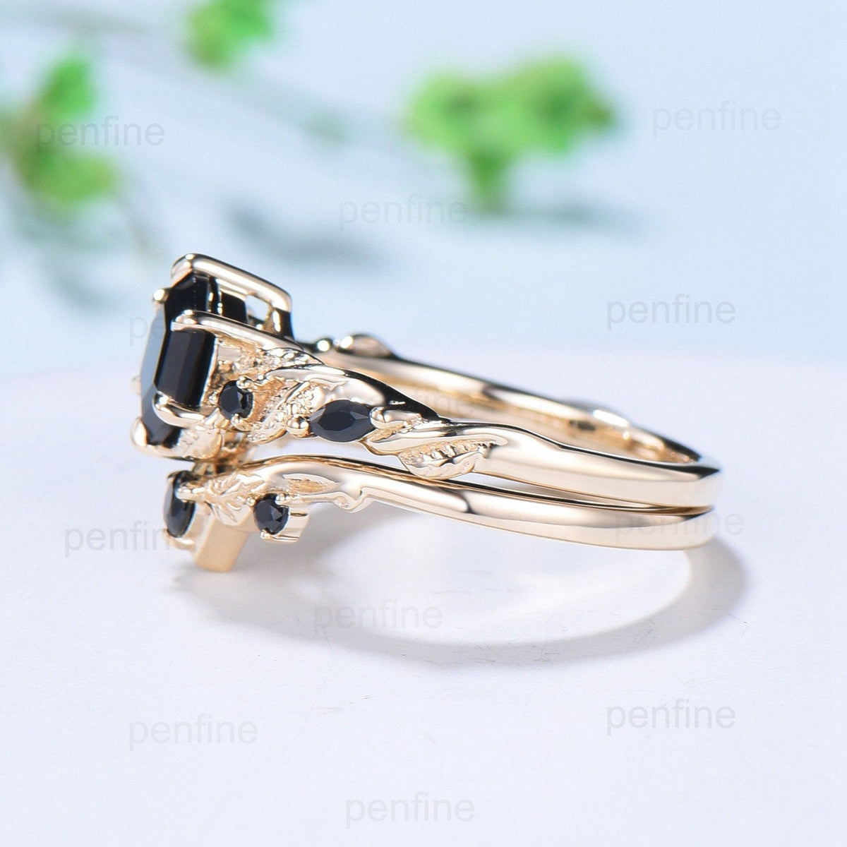 Unique yellow gold black onyx engagement ring set Nature Inspired black stone wedding ring set vintage Retro spinel Leaf Vine bridal set