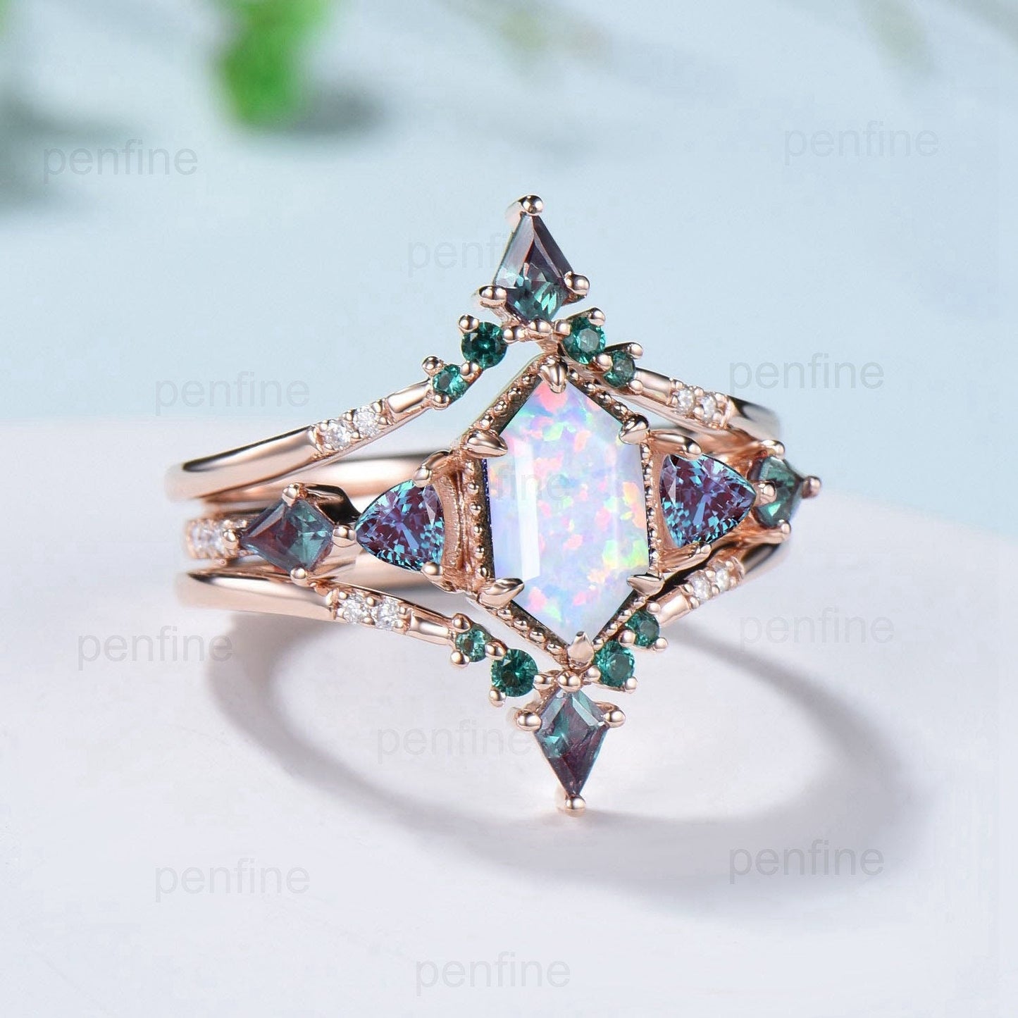 Vintage Rose Gold Alexandrite & Opal Ring Set, Handmade