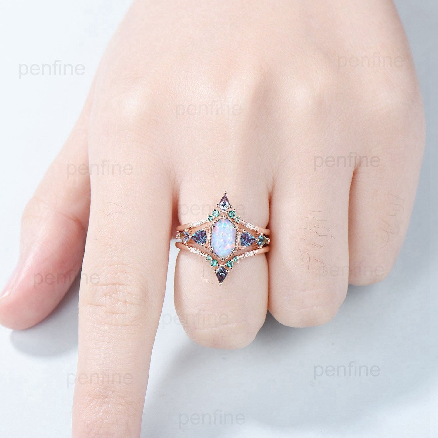 Vintage Rose Gold Alexandrite & Opal Ring Set, Handmade