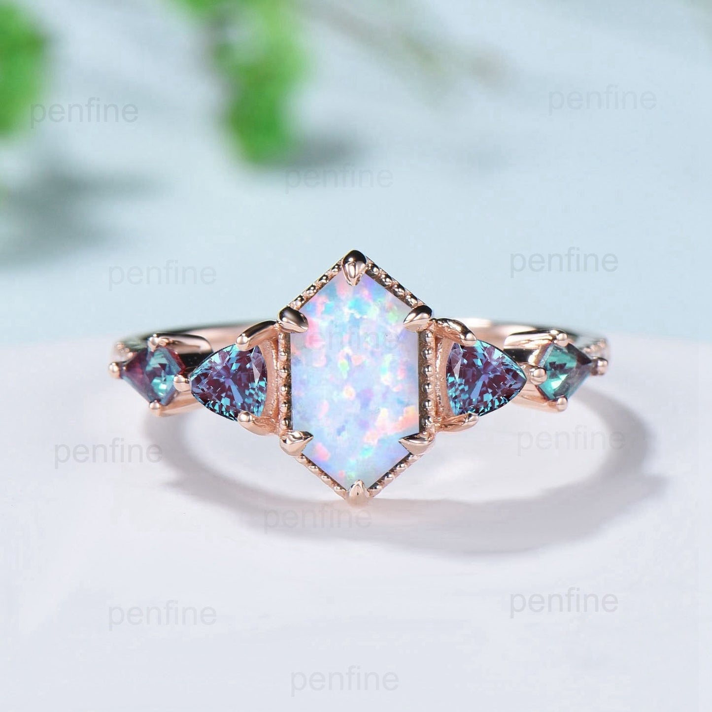 Vintage Rose Gold Alexandrite & Opal Ring Set, Handmade