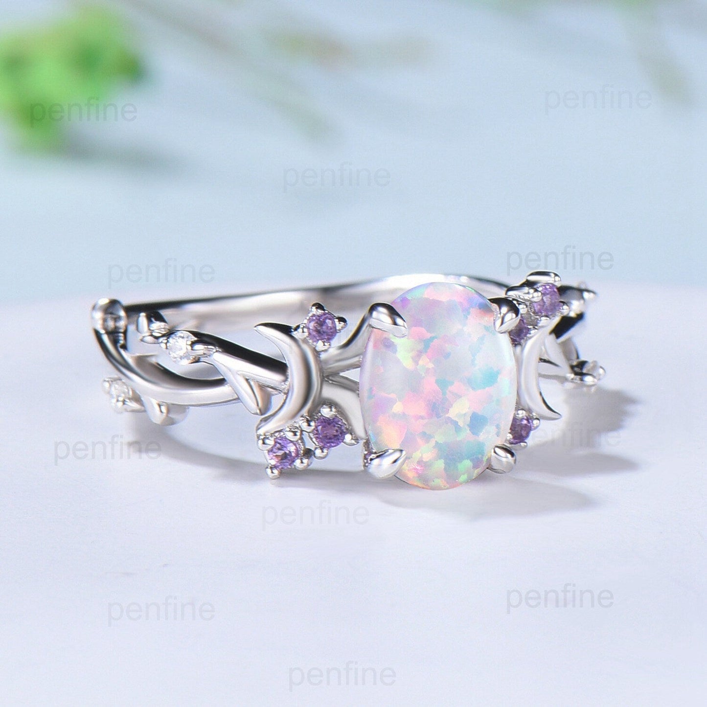 Unique 1.5CT Oval Cut Opal Ring Vintage White Opal Moon Engagement Ring Twig  Branch Cluster Amethyst Wedding Ring PromiseGift For Women