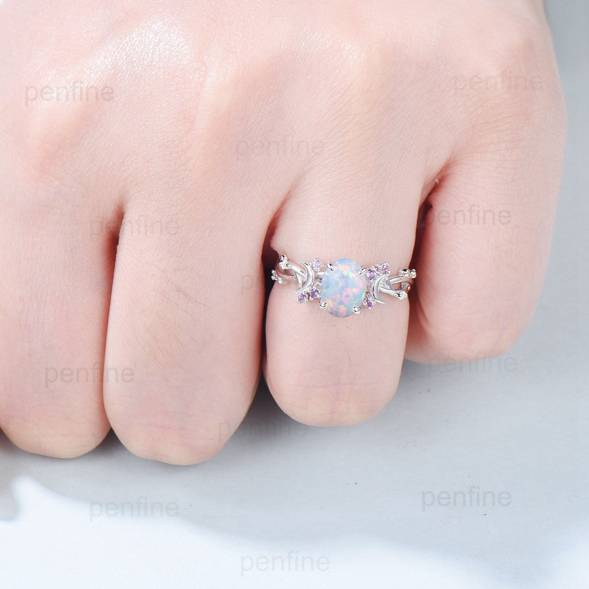 Unique 1.5CT Oval Cut Opal Ring Vintage White Opal Moon Engagement Ring Twig  Branch Cluster Amethyst Wedding Ring PromiseGift For Women
