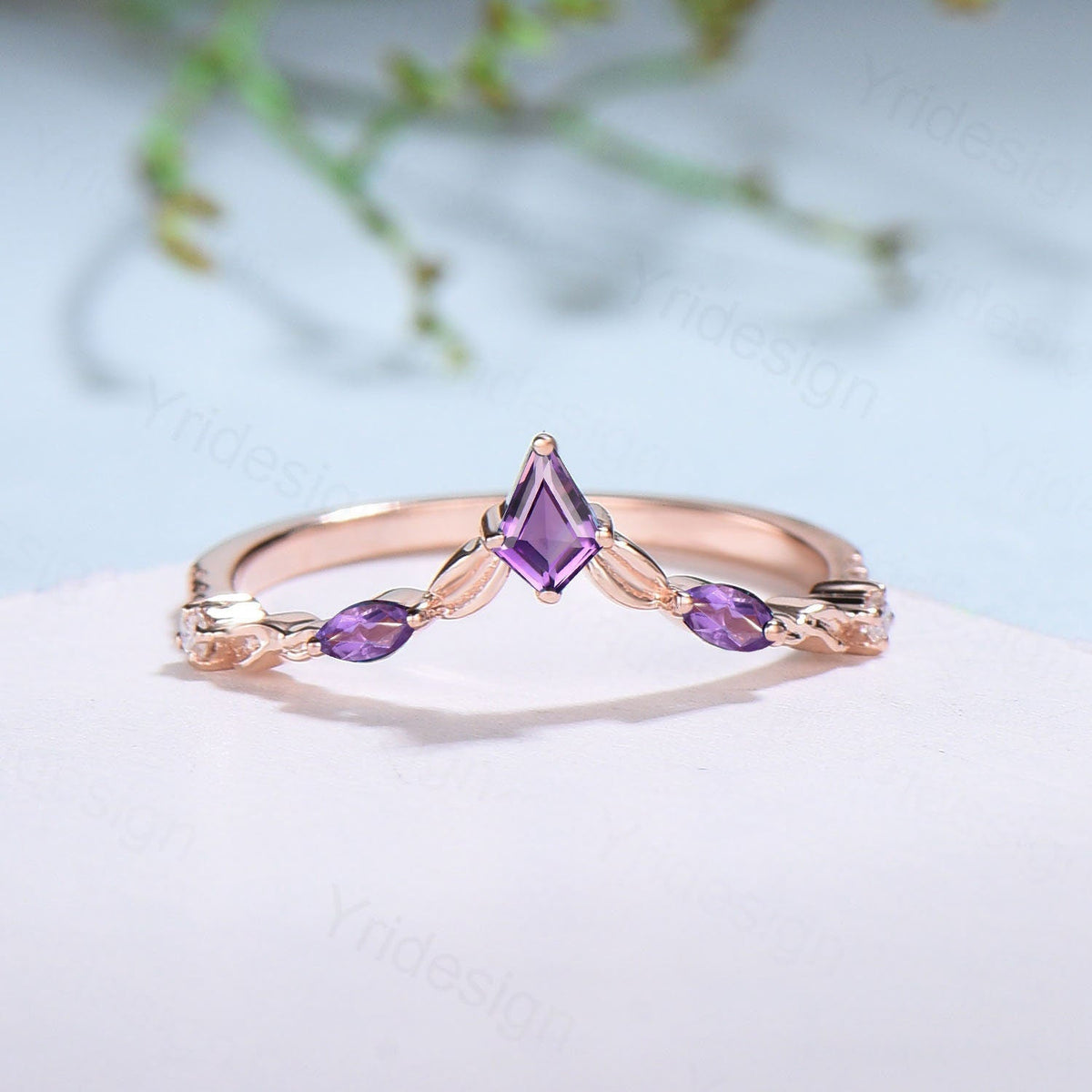Amethyst Wedding Band: Rose Gold Twisted Vine Kite Stacking Ring