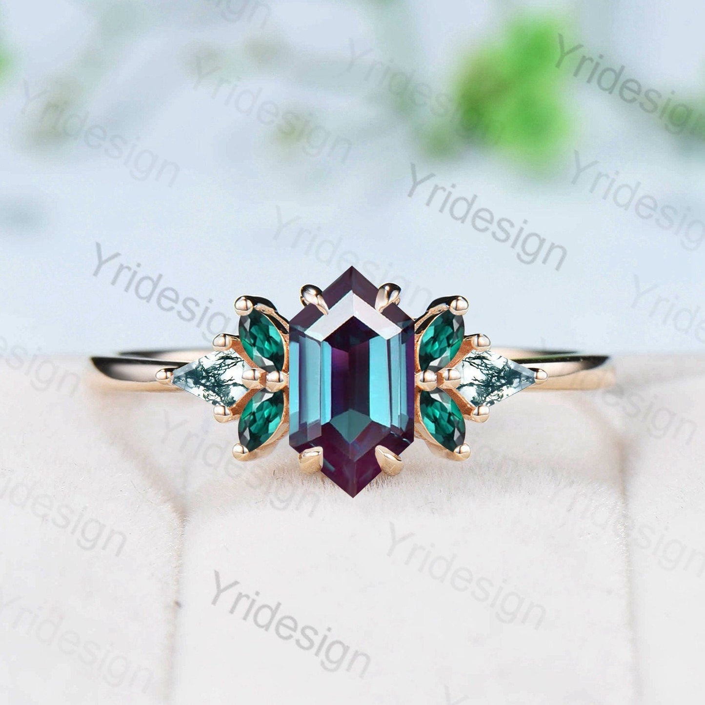 Vintage long hexagon alexandrite engagement ring set Unique cluster marquise emerald kite moss agate bridal set opal amethyst stacking band