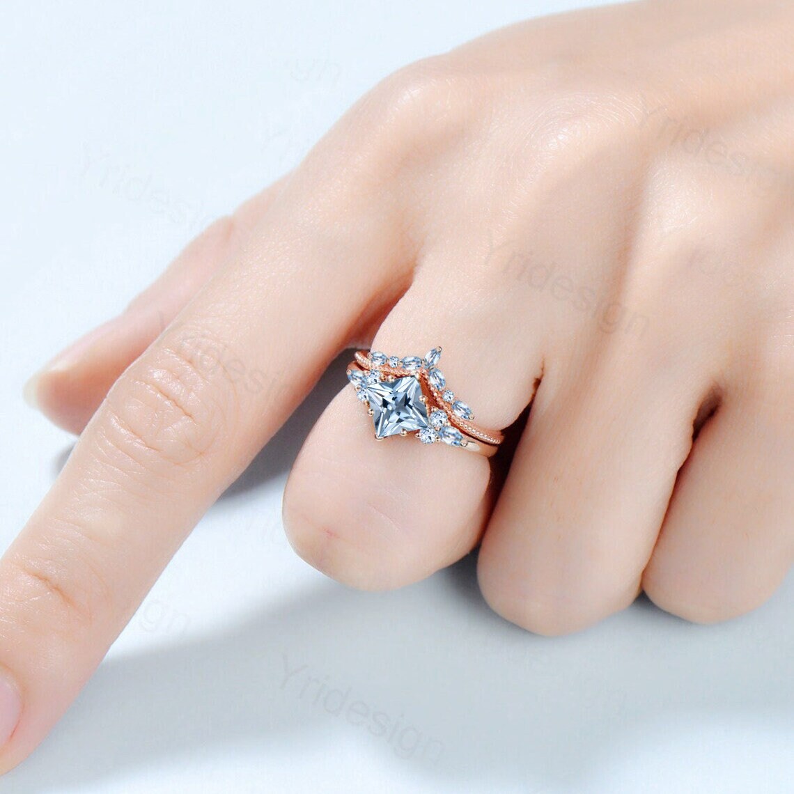Art Deco Princess Cut Natural Aquamarine Engagement Ring Set Silver Rose Gold Unique 2CT March Birthstone Bridal Wedding Ring Set For Women