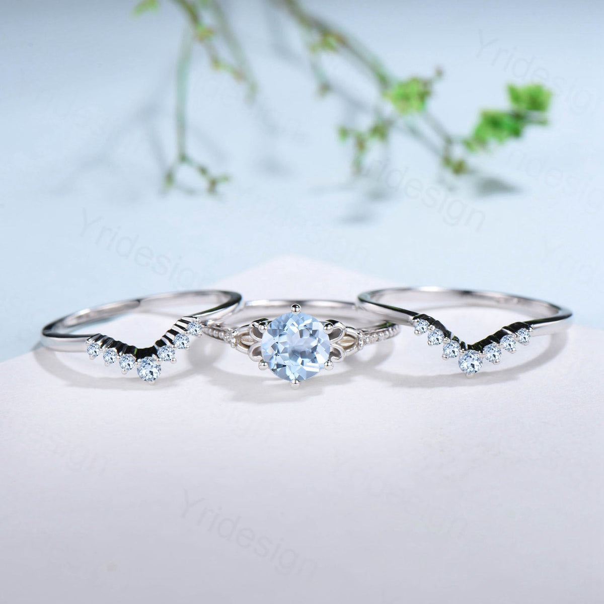 Art Deco Aquamarine Wedding Ring Set, 1 Carat White Gold Bridal Ring