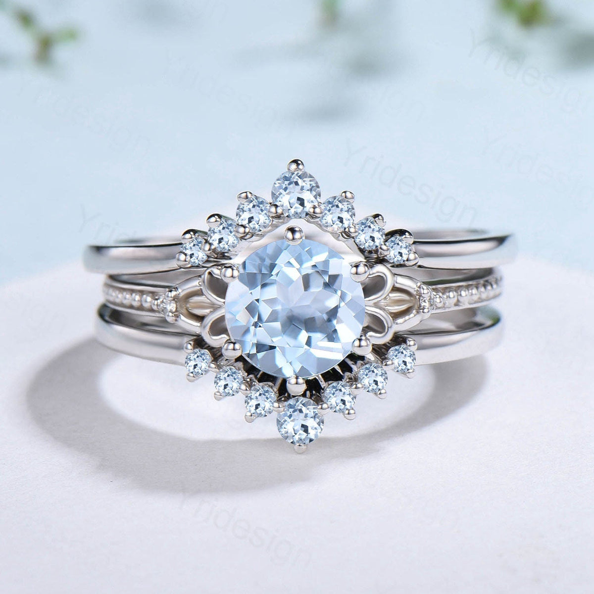 Art Deco Aquamarine Wedding Ring Set, 1 Carat White Gold Bridal Ring